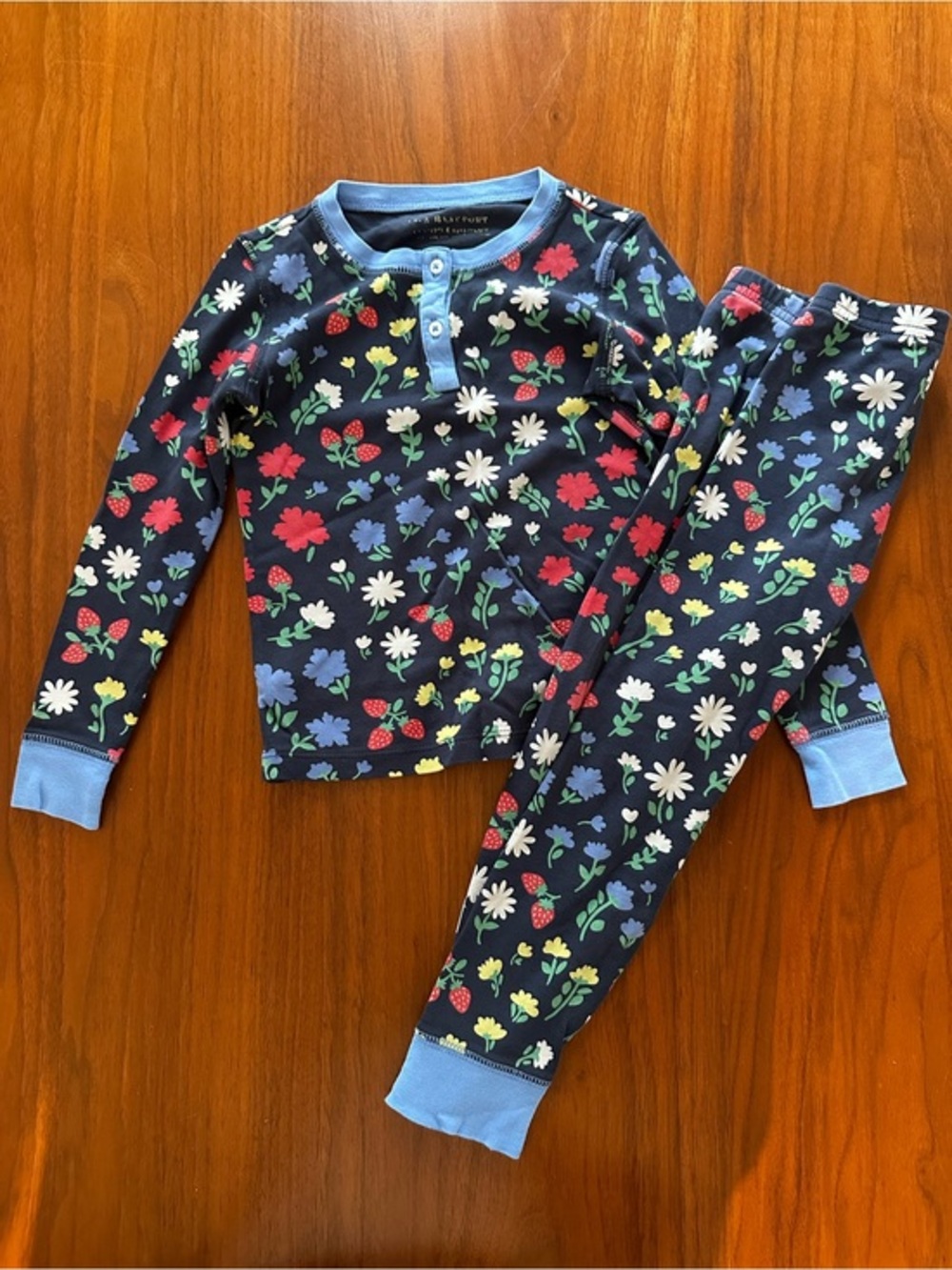 TBBC Girls Navy Floral Strawberry Pajama Set with Light Blue Trim size 5